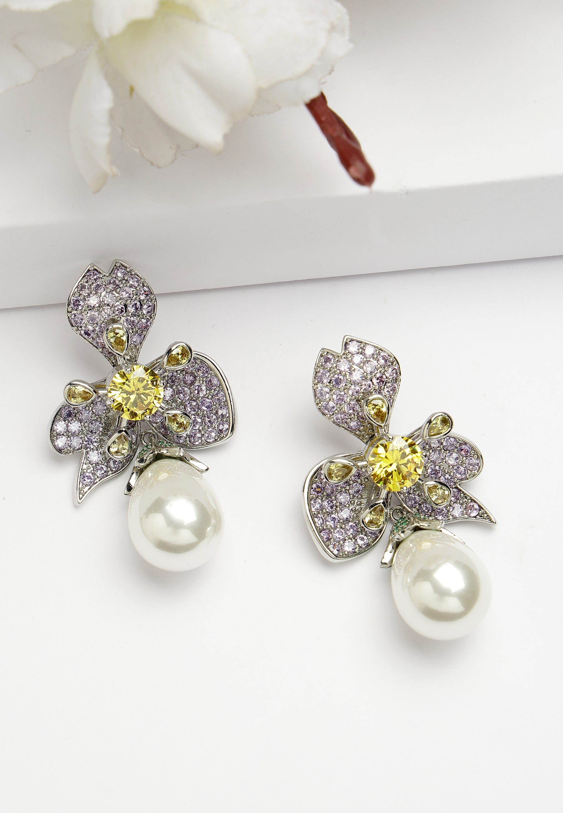 Floral Drop Earrings In Zirconia