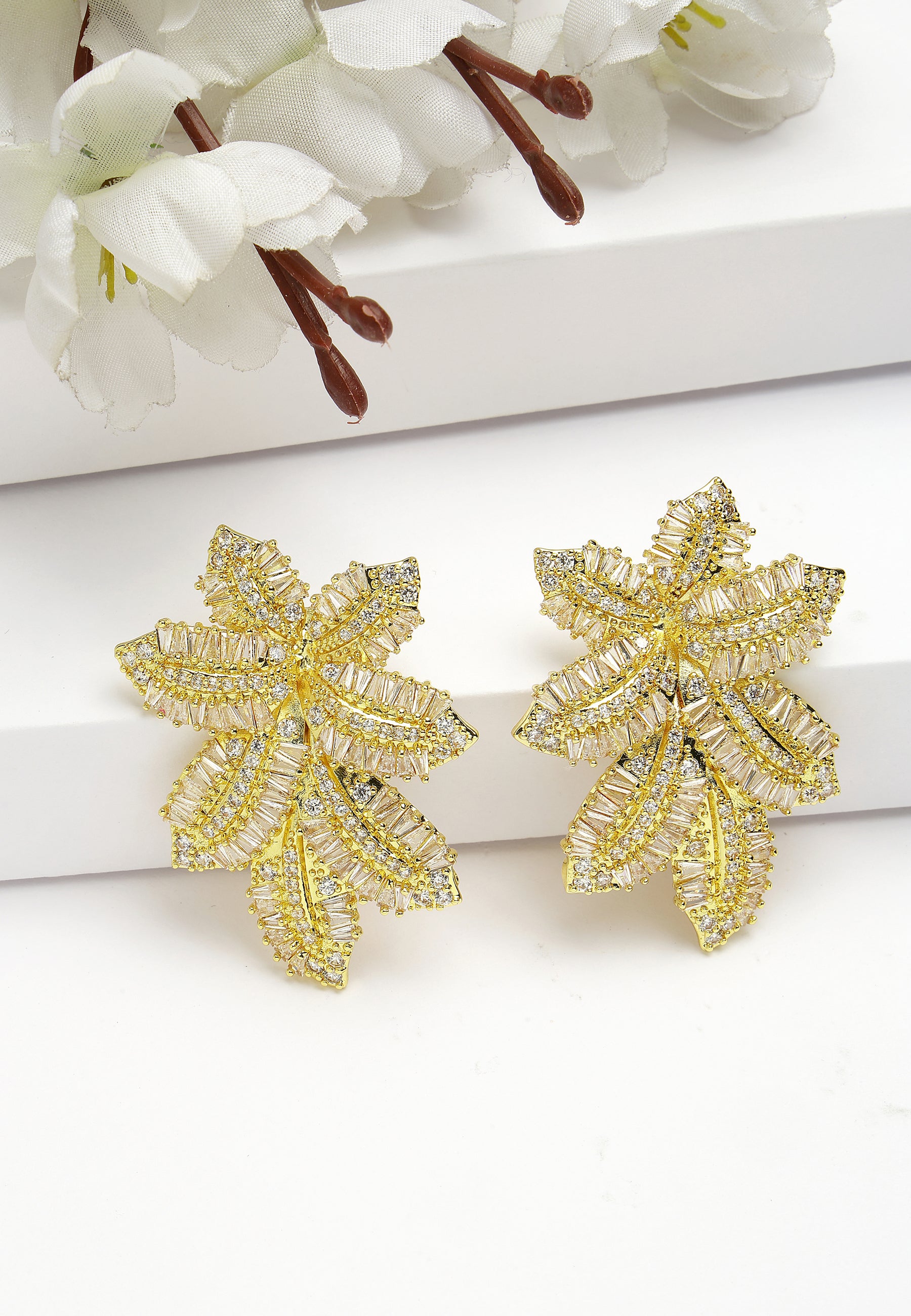 Cubic Zirconia Yellow Finish Leaf Studs