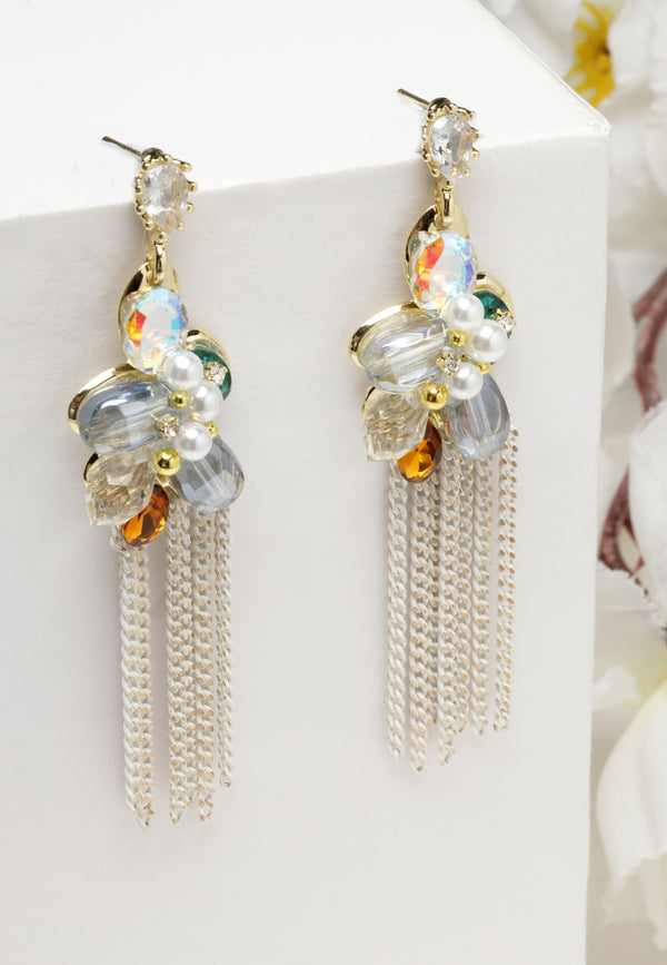 Boucles d'oreilles pendantes à longue chaîne en cristal multicolore