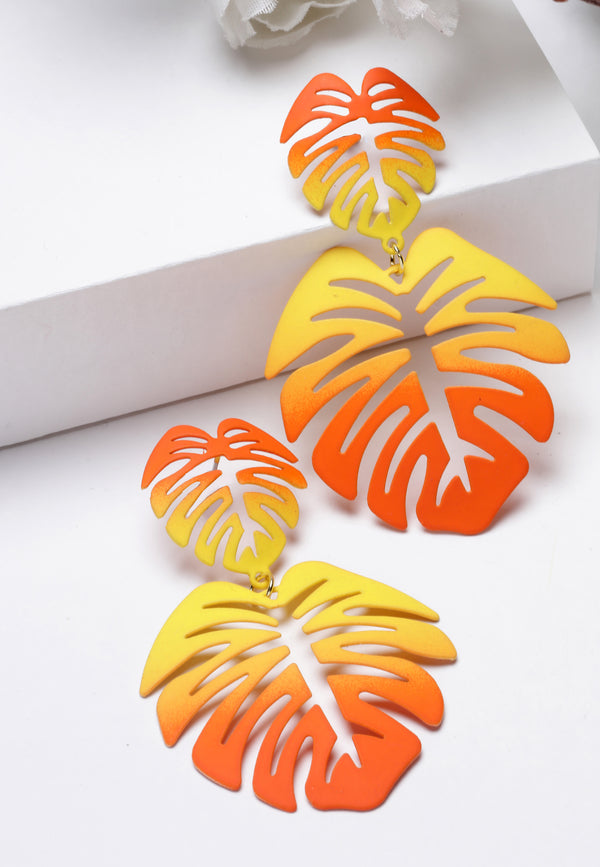 Earrings Dangle Orange Palm Leaf