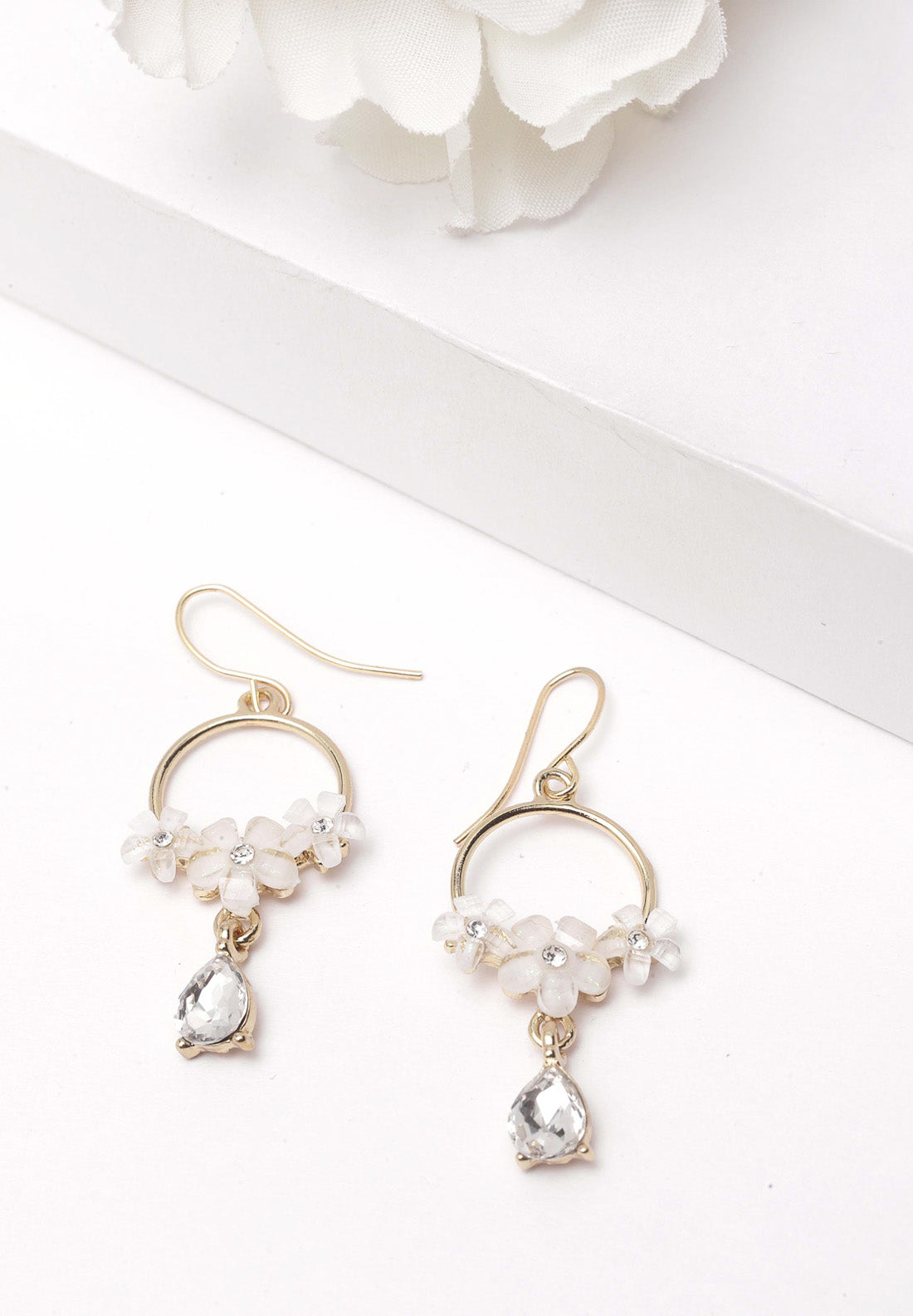 Gold & White Floral Crystal Earrings